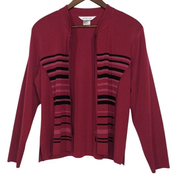 Y2K Exclusively Misook Zip Up Cardigan Striped Fuchia Black Pink Wine Large - Picture 3 of 9